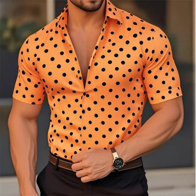New Men's Short Sleeve Button Shirt Polka Dot Lapel Fashion Design Casual Lightweight Breathable Comfortable Outdoor Men Clothes