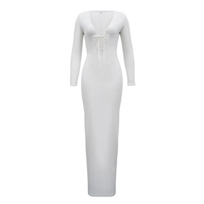 Trendy Solid Color Slim Long Dresses Women Sexy Deep V-neck Hollow Out Leace-up Package Hip Bodycon Party Dress Female Vestidos