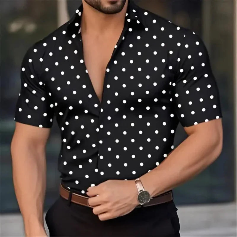 New Men's Short Sleeve Button Shirt Polka Dot Lapel Fashion Design Casual Lightweight Breathable Comfortable Outdoor Men Clothes