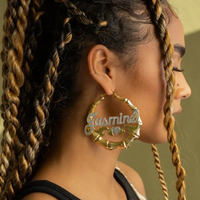 18K Gold Plated Earrings With Heart Two Tone Bamboo Earring Customized Name Hoop Earrings For Women Hip Hop Personalised Jewelry