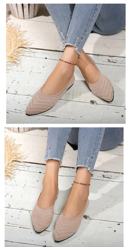 Women's Pointed Toe Flat Shoes Solid Color Knitted Slip on Shoes Casual Breathable Ballet Flats Women Flat Shoes  Loafers Women