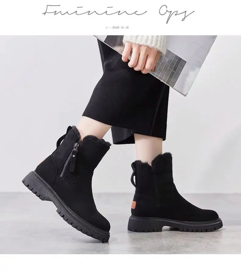 2026 New Winter Women's Snow Boots Trendy Mid Top Plush Thickened Warm Cotton Shoes Leather Wool Integrated Winter Women's Boots