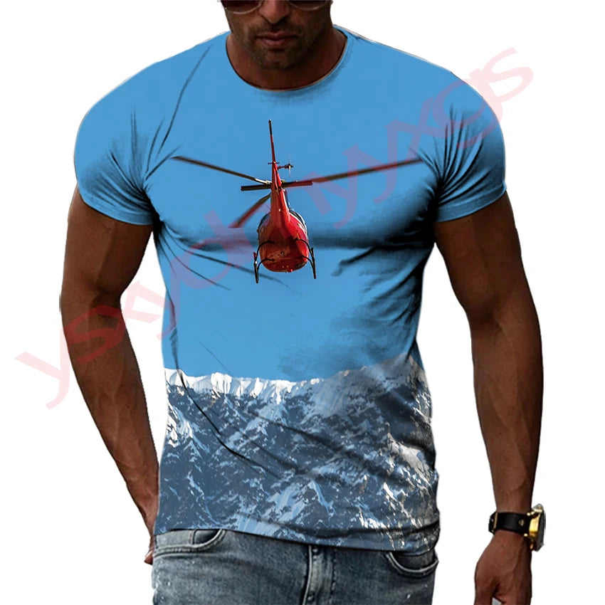Summer Helicopter Pattern  Men's T-shirt Hip Hop 3D Print Personality   Neck Short Sleeve  Fashion Clothes