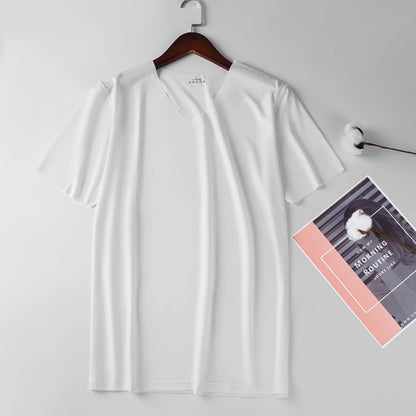 2024 Men's Thin Short Sleeve Without Summer Solid Color T shirt Trace Slim V-neck Bottoming Seamless short sleeve