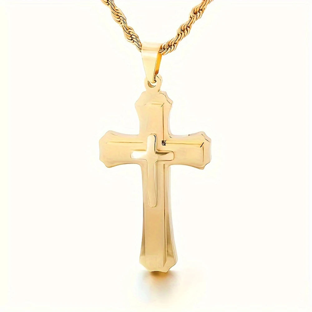14K Gold Plated Men's Three-Layer Cross Necklace Hip Hop European Style Trendy Accessory Pendant Daily Jewelry Accessories USA