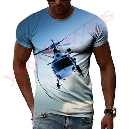 Summer Helicopter Pattern  Men's T-shirt Hip Hop 3D Print Personality   Neck Short Sleeve  Fashion Clothes