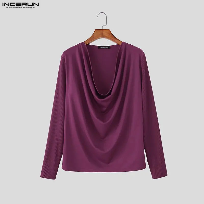 INCERUN Men T Shirt Satin Patchwork Long Sleeve Casual Male Tee Tops Streetwear 2026 Pleated Fashion Party Leisure Men Clothing
