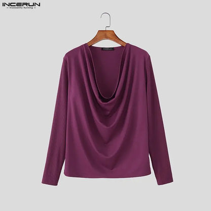 INCERUN Men T Shirt Satin Patchwork Long Sleeve Casual Male Tee Tops Streetwear 2026 Pleated Fashion Party Leisure Men Clothing