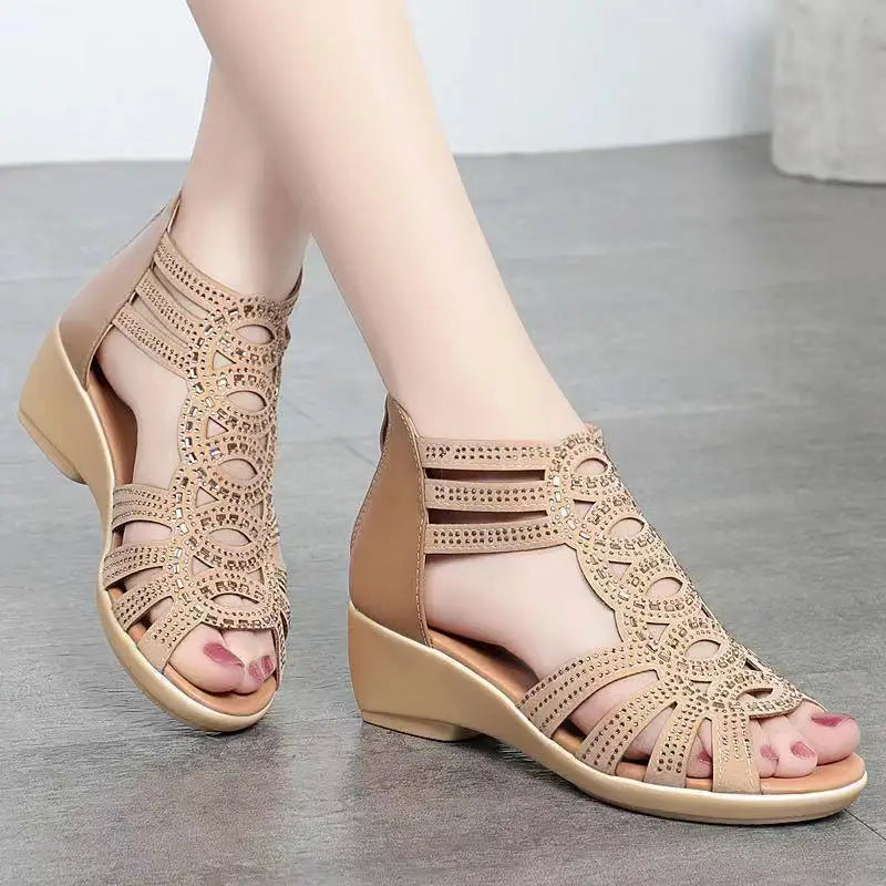 Real Soft Leather Roman Sandals Women's Chunky Heel Mom Shoes Fashion Outerwear Women's Sandals Wedge Women's Shoes 2023