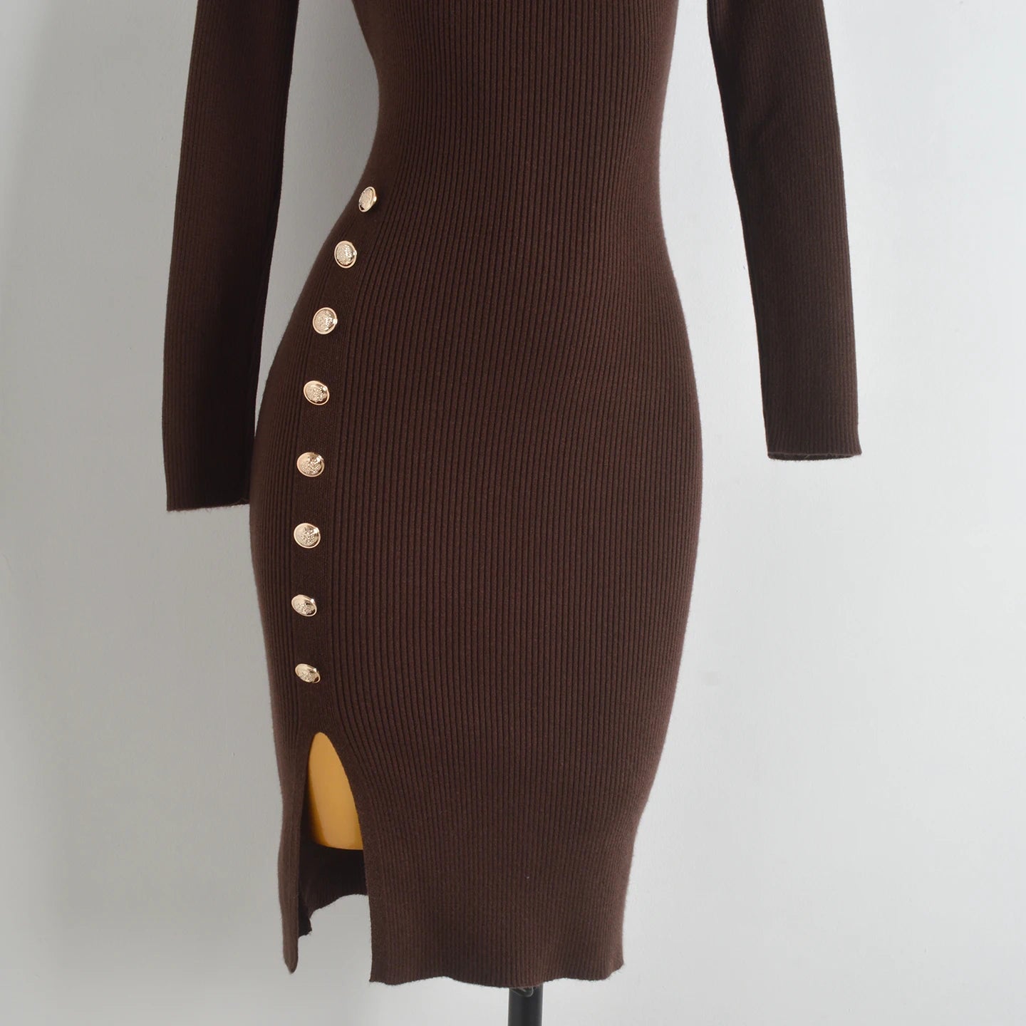 Spring Autumn Knitted Elastic Waist Dress Coat Design Button round Neck Bodycon Skirt Casual Style Long Sleeve Women's Dress