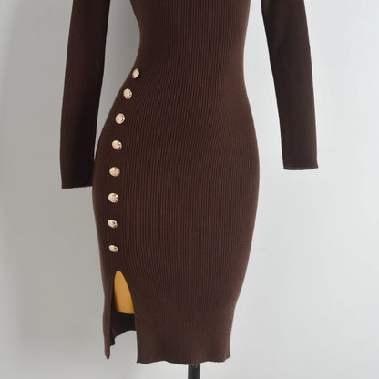 Spring Autumn Knitted Elastic Waist Dress Coat Design Button round Neck Bodycon Skirt Casual Style Long Sleeve Women's Dress