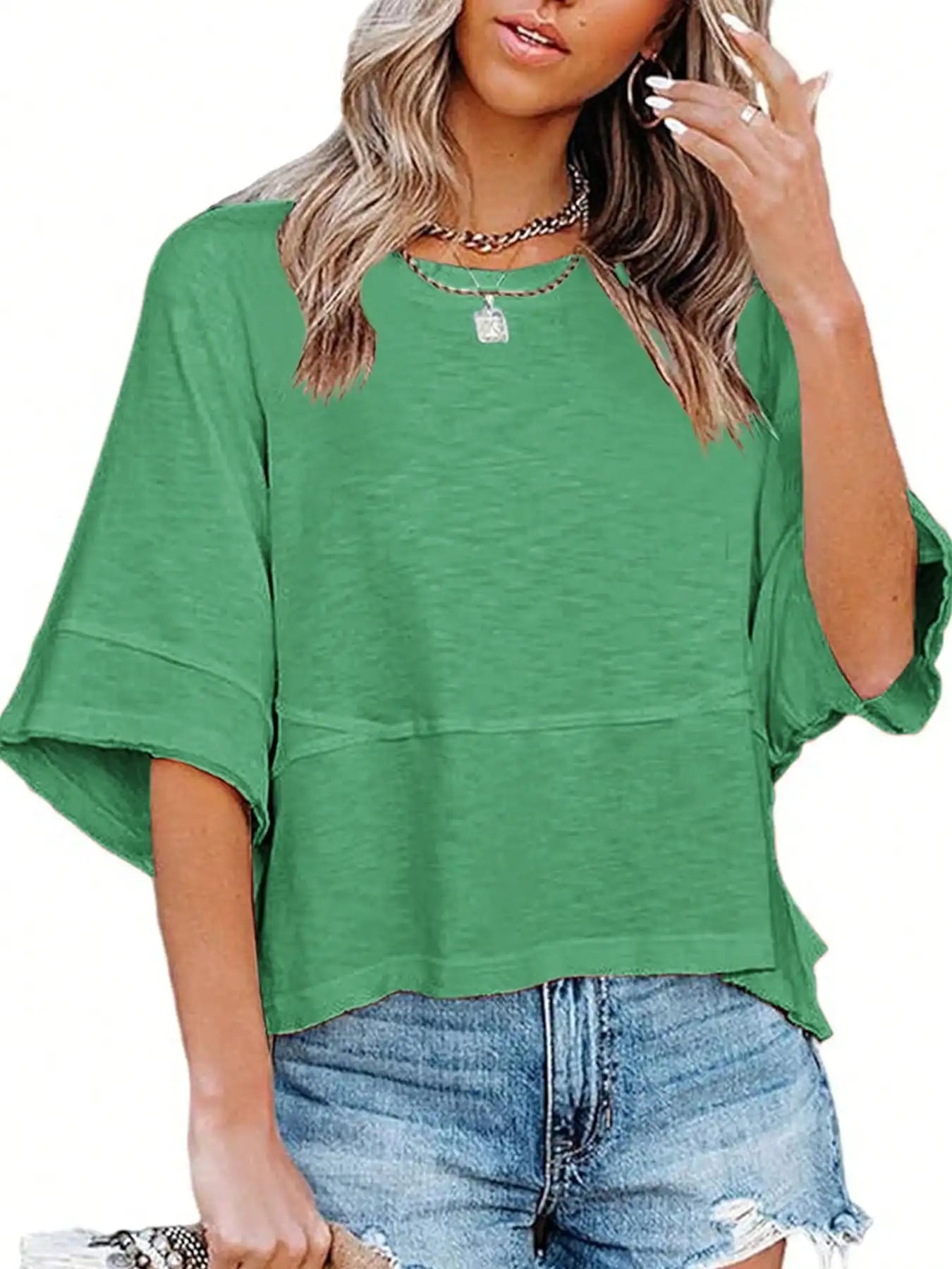 Women's Summer New Crewneck Batwing Half Sleeve Tops Solid Color Loose Fit Cute Flowy Tee Shirts Casual Dressy Cropped Blouse