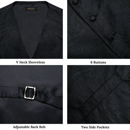 Men's Black Solid Paisley Suit Vest with Necktie Bow Tie Handkerchief Cufflinks Formal Waistcoat for Wedding Prom Tuxedo