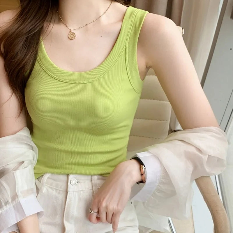 Women's Basic Ribbed Knitted Tank Top Solid Color Elastic Comfortable Sleeveless Camisole Summer Casual Green/Blue Soft Tees