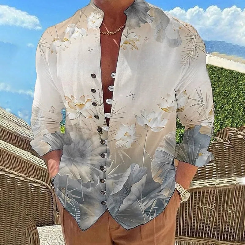 New men's flower pattern 3D printed shirt, high-quality and fashionable casual long sleeved shirt, lapel top