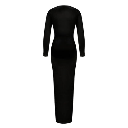 Trendy Solid Color Slim Long Dresses Women Sexy Deep V-neck Hollow Out Leace-up Package Hip Bodycon Party Dress Female Vestidos