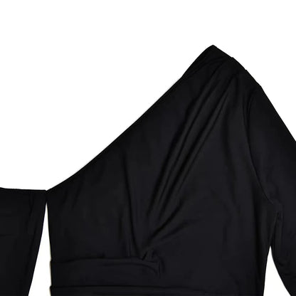 Sexy Diagonal Shoulder Black Dress Fashion Elegant Long Sleeve Split Women Dress Spring Party Evening Long Dress Vestidos