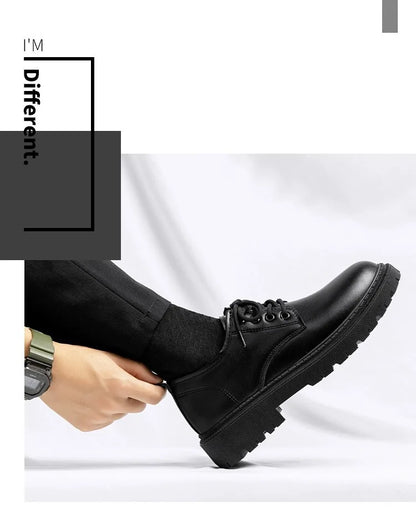 Men's Casual Leather Shoes Thick Bottom Leisure Trendy British Style Winter New Arrival Breathable round Toe Low Heel