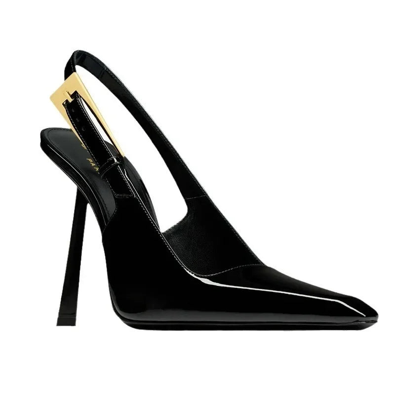 Elegant Fashionable Black Pointed Toe Thin Heel Single Shoes Patent Leather Buckle High Heels Stylish Luxurious