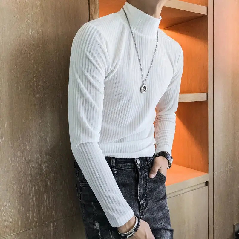 Fashion Men's Autumn Winter Luxury Clothing Heat Keep Warm Casual T-Shirt Mock Neck Tops Stripe Long Sleeve Gold Velvet T-Shirts