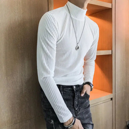 Fashion Men's Autumn Winter Luxury Clothing Heat Keep Warm Casual T-Shirt Mock Neck Tops Stripe Long Sleeve Gold Velvet T-Shirts