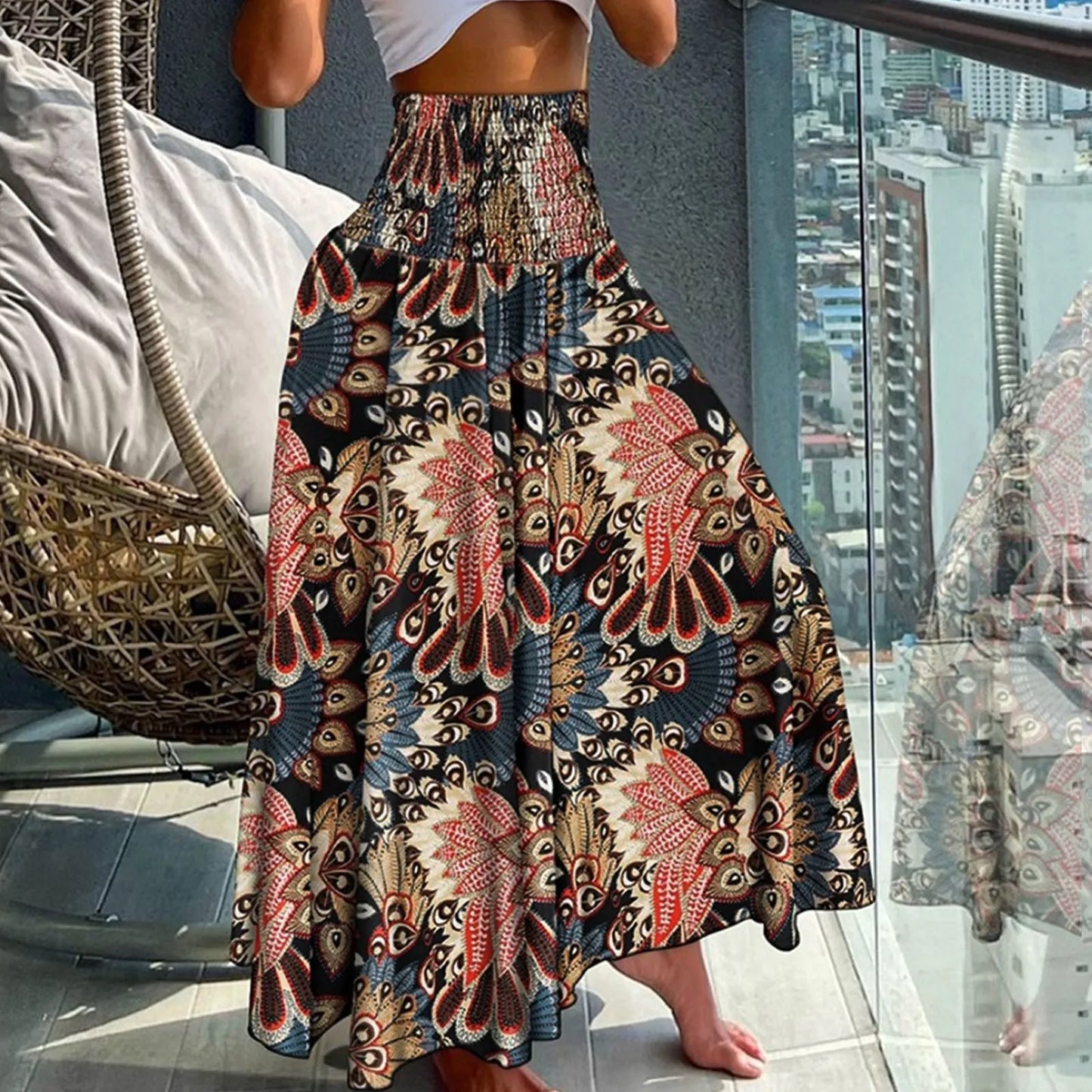 Women Vintage Floral Print Boho Skirt 2024 Summer Casual Loose Pleated Long Skirt Elegant Female High Elastic Waist Maxi Skirts