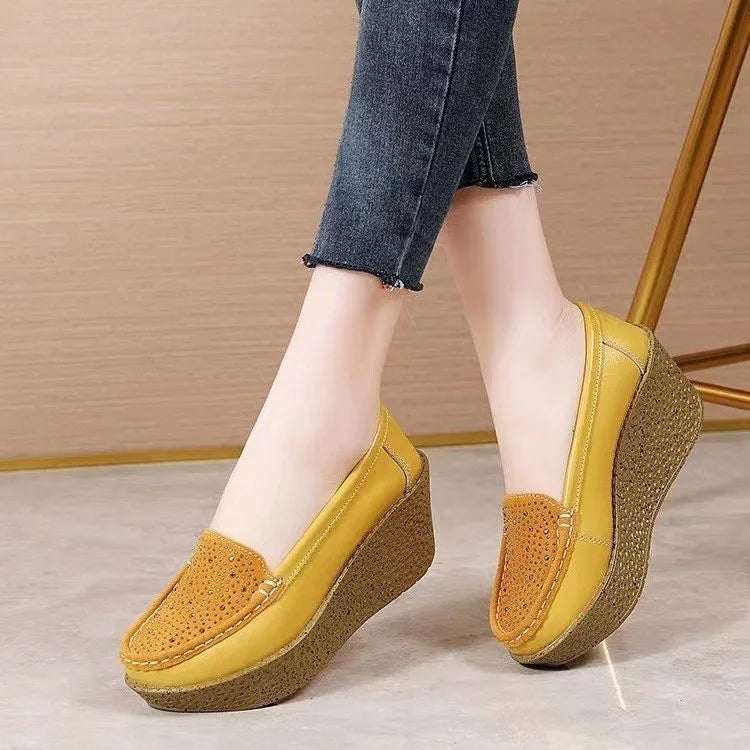 2025 Women Loafers Casual Wedges Shoes Slip on Platform Women's Middle-aged Mom Shoes Pu Leather Solid Moccasins Flats for Women