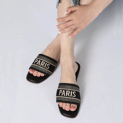 Summer Women Letter Flat Sandals Casual Comfortable Slip Slide 2024 Fashion Vintage Slippers Shoes Classic New