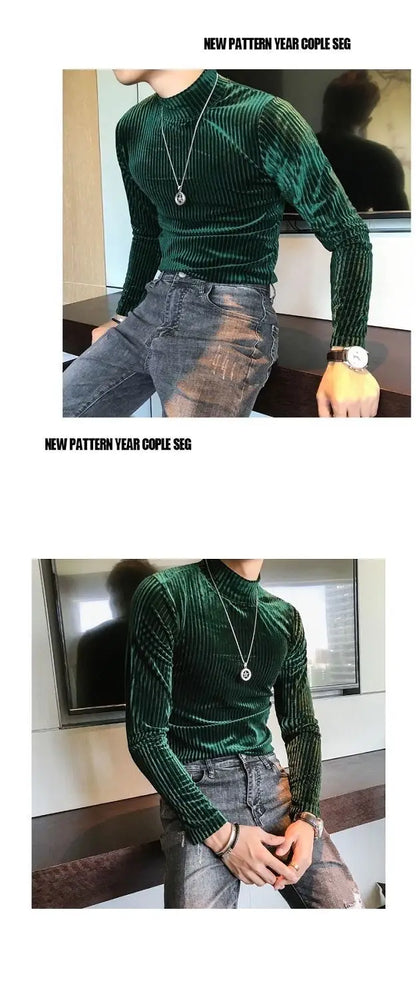 Fashion Men's Autumn Winter Luxury Clothing Heat Keep Warm Casual T-Shirt Mock Neck Tops Stripe Long Sleeve Gold Velvet T-Shirts
