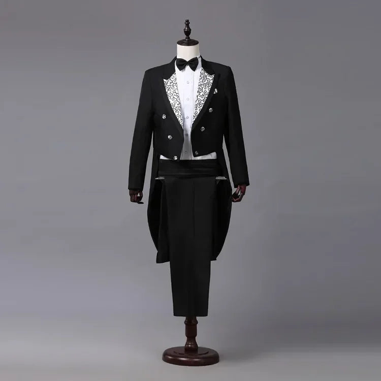 Men's Tuxedo Costume Vintage Formal Tailcoat Slim Fit Peak Lapel Suit Tux Pants Tail Coat Singer Magician Stage Jacket Outfits