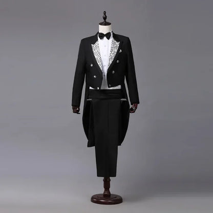 Men's Tuxedo Costume Vintage Formal Tailcoat Slim Fit Peak Lapel Suit Tux Pants Tail Coat Singer Magician Stage Jacket Outfits