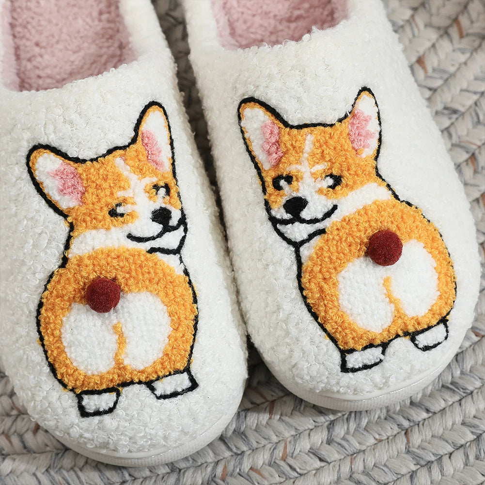 Plush Dog Slippers Fuzzy Indoor Slippers Anti Slip Closed Toe Slippers Comfortable Funny Corgi Dog Slippers for Indoor Bedroom