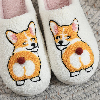 Plush Dog Slippers Fuzzy Indoor Slippers Anti Slip Closed Toe Slippers Comfortable Funny Corgi Dog Slippers for Indoor Bedroom