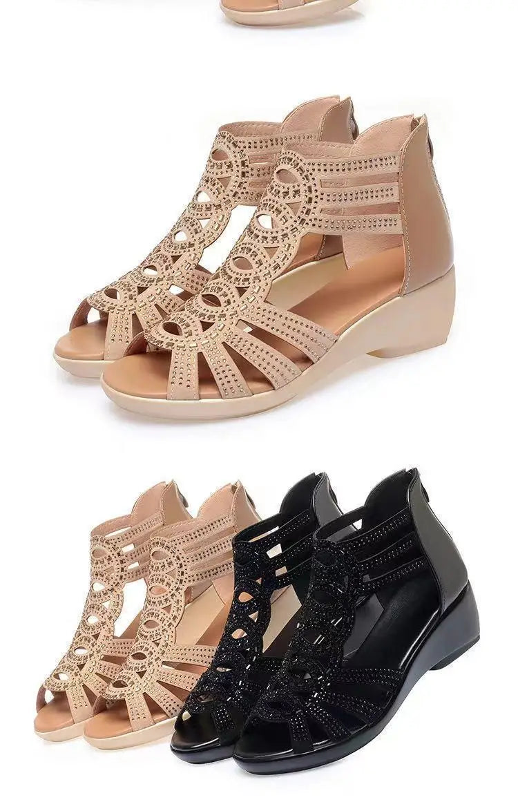Real Soft Leather Roman Sandals Women's Chunky Heel Mom Shoes Fashion Outerwear Women's Sandals Wedge Women's Shoes 2023
