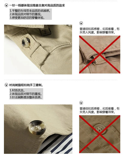 Men's Spring and Autumn New Fashion Casual Cotton Trench Coat, Solid Color Lapel Single-breasted Mid-long Splicing Trench Coat