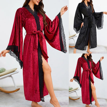 Women's Lace Velvet Bathrobe Breathable Nightgown Kimono Home Clothes Flare Sleeve Night Long Robe Female Sleepwear Homewear