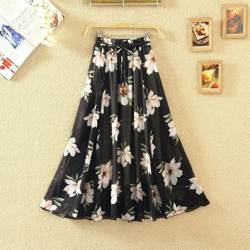 Elegant Chiffon Long Skirts For Women Autumn Casual Women's Floral Print Maxi Skirt Female High Waist Elastic A-Line Skirts