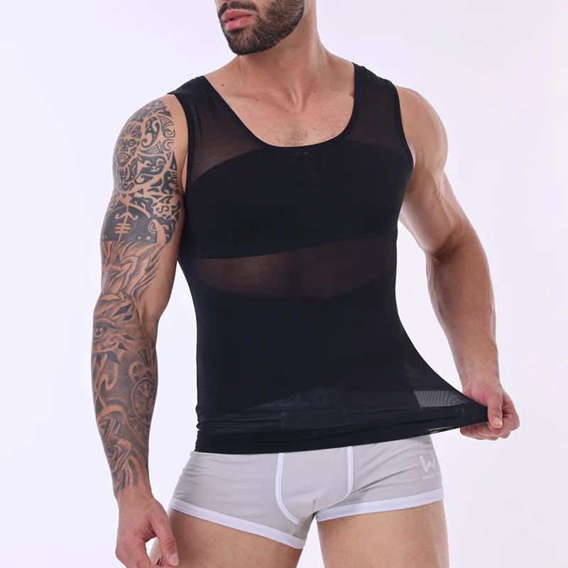 Men's Cross Mesh Vest Compression Shirts Breathable Sleeveless Tank Top Shapewear Fajas Slimming Tummy Control Body Shaper