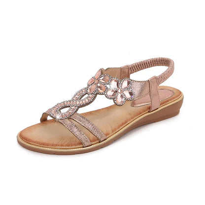 Women Flat Shoes Summer Luxury Designer Rhinestone Sandals Diamond Elegant Glitter Beach Sandals Black Silver Gold Sandals