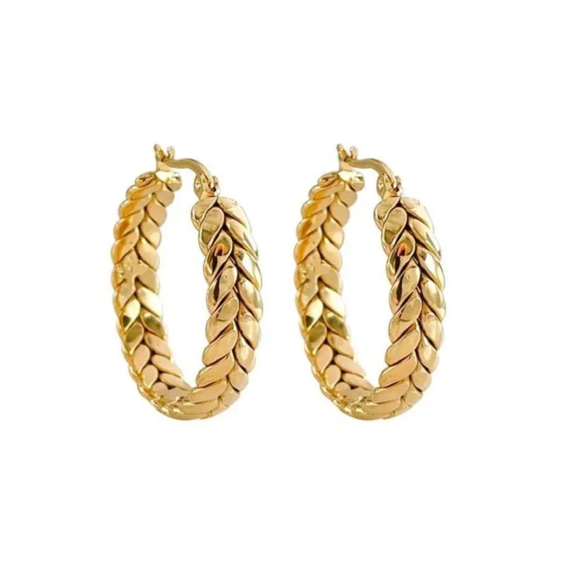 ANENJERY 316L Stainless Steel Gold Color Wheat Hoop Earrings for Women Luxtry Geometric Jewelry Festival Gift