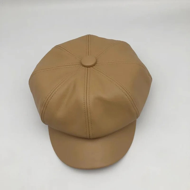 Vintage Style Wool Blend Newsboy Cap with Button Detail and PU Leather Visor for Women - Classic British Beret Hat