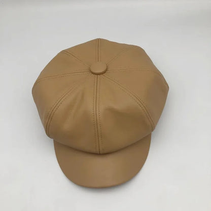 Vintage Style Wool Blend Newsboy Cap with Button Detail and PU Leather Visor for Women - Classic British Beret Hat