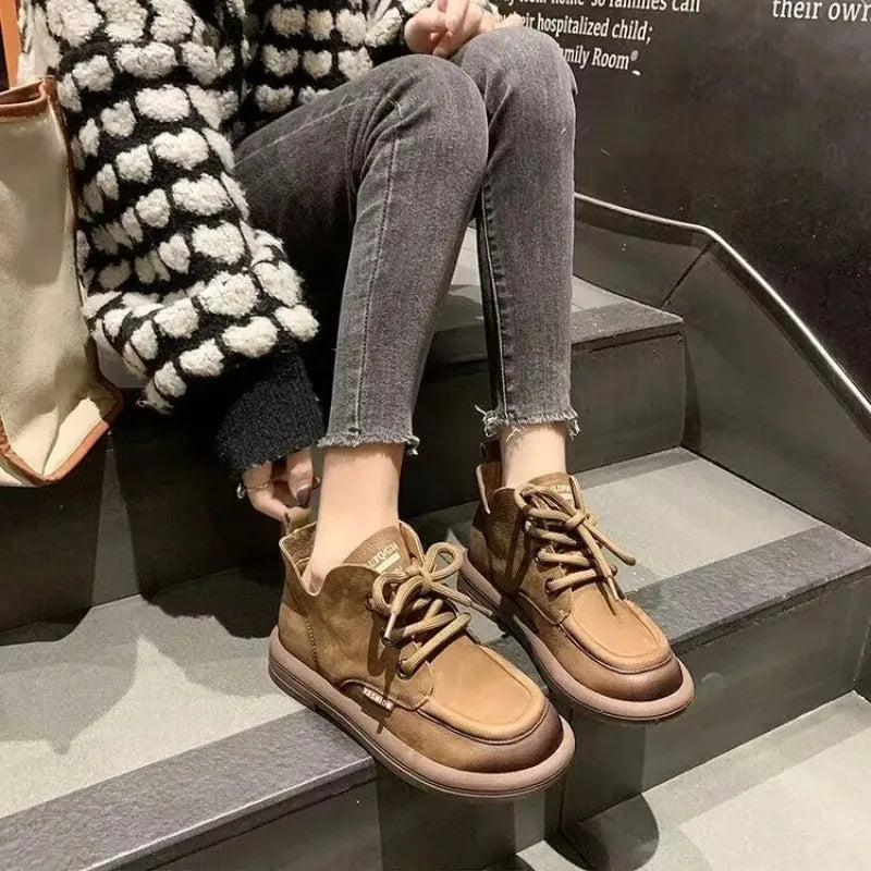 Flat Shoes Women's Genuine Leather Round Toe Stitched Lace Up Thick Sole Women's Low Heel Shoes Handmade Large Size
