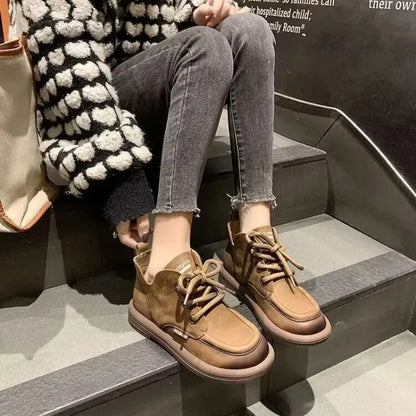 Flat Shoes Women's Genuine Leather Round Toe Stitched Lace Up Thick Sole Women's Low Heel Shoes Handmade Large Size