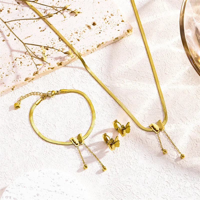 Stainless Steel Butterfly Bracelet Necklace Earrings Trend Design Advanced Sense  Ladies Wedding Jewelry Set