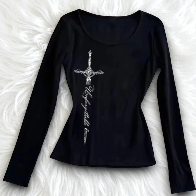 Gothic long T-shirt round neck retro rock punk millennium style top slim fit fashionable casual women's Y2K street women's top