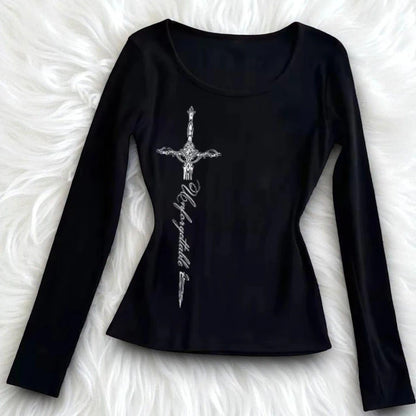 Gothic long T-shirt round neck retro rock punk millennium style top slim fit fashionable casual women's Y2K street women's top