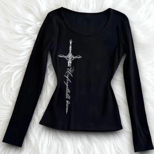 Gothic long T-shirt round neck retro rock punk millennium style top slim fit fashionable casual women's Y2K street women's top