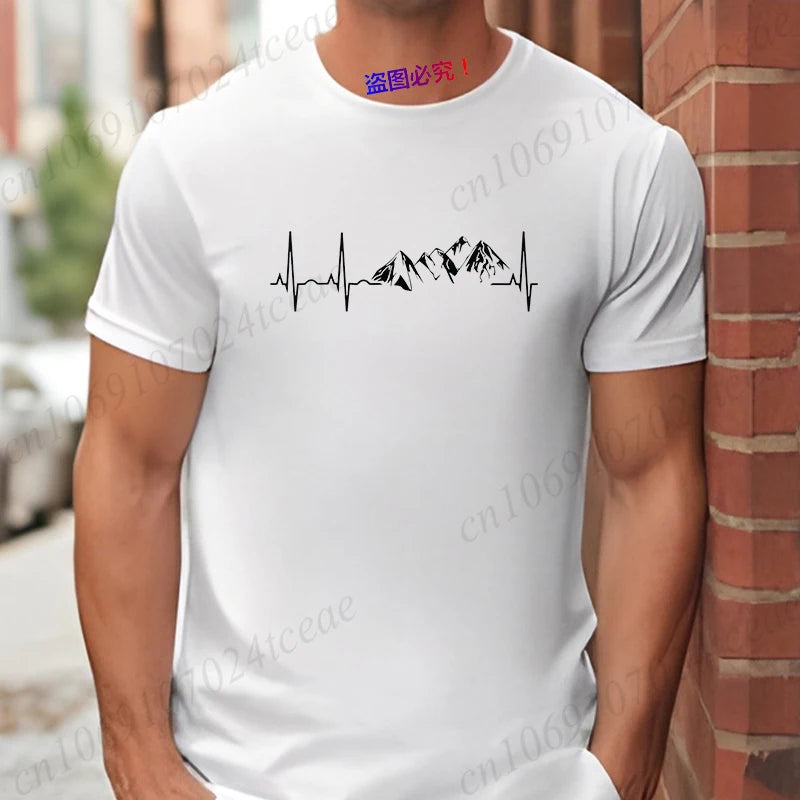 Mountain Heartbeat T-shirt for Men Climbing Hiking Graphic Y2k Tops Casual Streetwear Short Sleeve Tees Men's Oversized Clothing