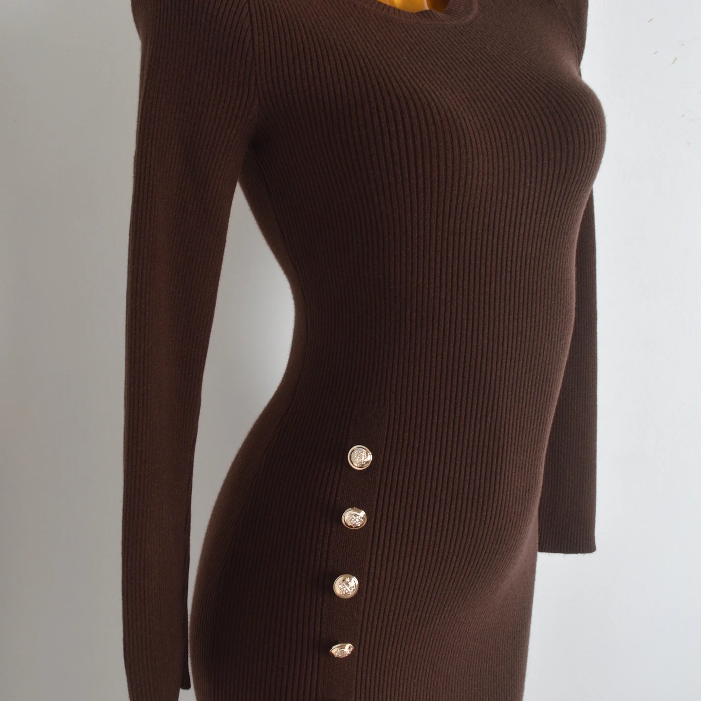 Spring Autumn Knitted Elastic Waist Dress Coat Design Button round Neck Bodycon Skirt Casual Style Long Sleeve Women's Dress